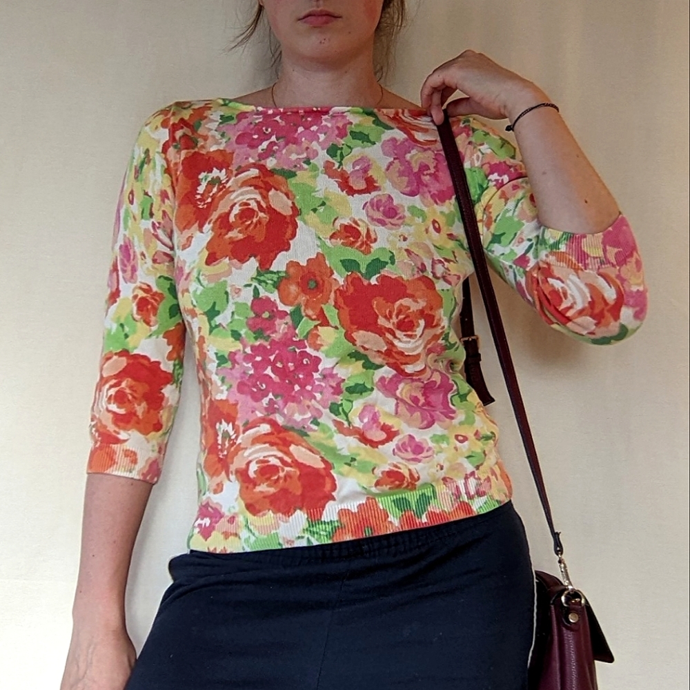 Champs floral cotton boat neck 3 quarter length shirt Size M